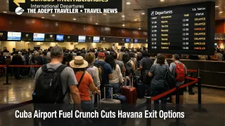Cuba airport fuel crunch at Havana Terminal 3 shows diverted travelers queuing for international departures.