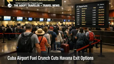 Cuba airport fuel crunch at Havana Terminal 3 shows diverted travelers queuing for international departures.
