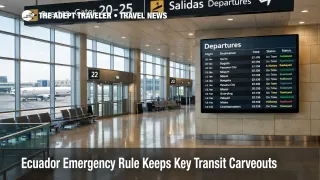 Guayaquil Airport airside transit scene showing Ecuador emergency travel rules with calm gates and controlled movement