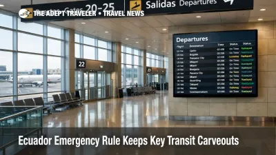 Guayaquil Airport airside transit scene showing Ecuador emergency travel rules with calm gates and controlled movement