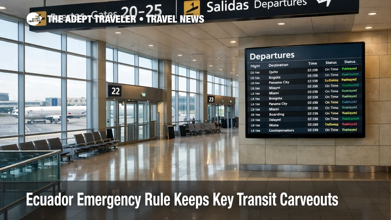 Guayaquil Airport airside transit scene showing Ecuador emergency travel rules with calm gates and controlled movement