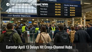 Eurostar April 13 delays shown at London St Pancras with waiting passengers and delayed departure boards