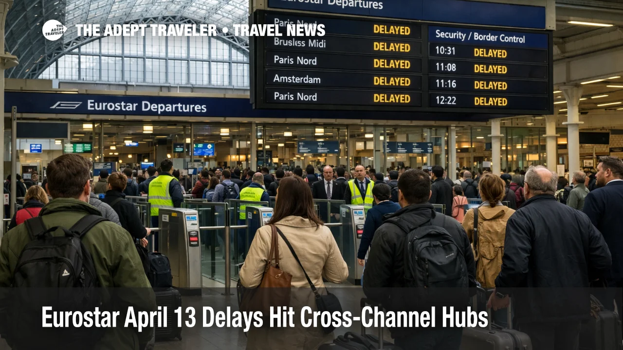 Eurostar April 13 delays shown at London St Pancras with waiting passengers and delayed departure boards