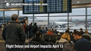 April 13 flight delays at Boston Logan show crowded gates and delay screens as Northeast weather raises connection risk