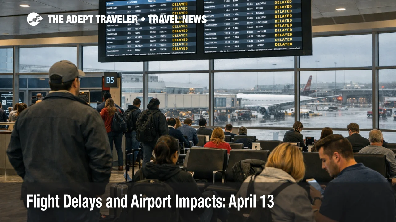 April 13 flight delays at Boston Logan show crowded gates and delay screens as Northeast weather raises connection risk