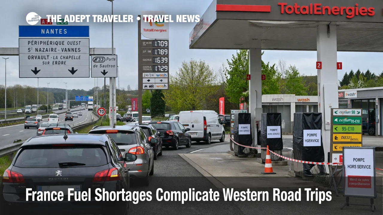 France fuel shortages in western France show queued cars at a Nantes area station as road trip refueling risk rises