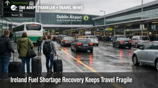 Ireland fuel shortage recovery slows Dublin Airport curbside transfers as coaches and cars queue outside the terminal