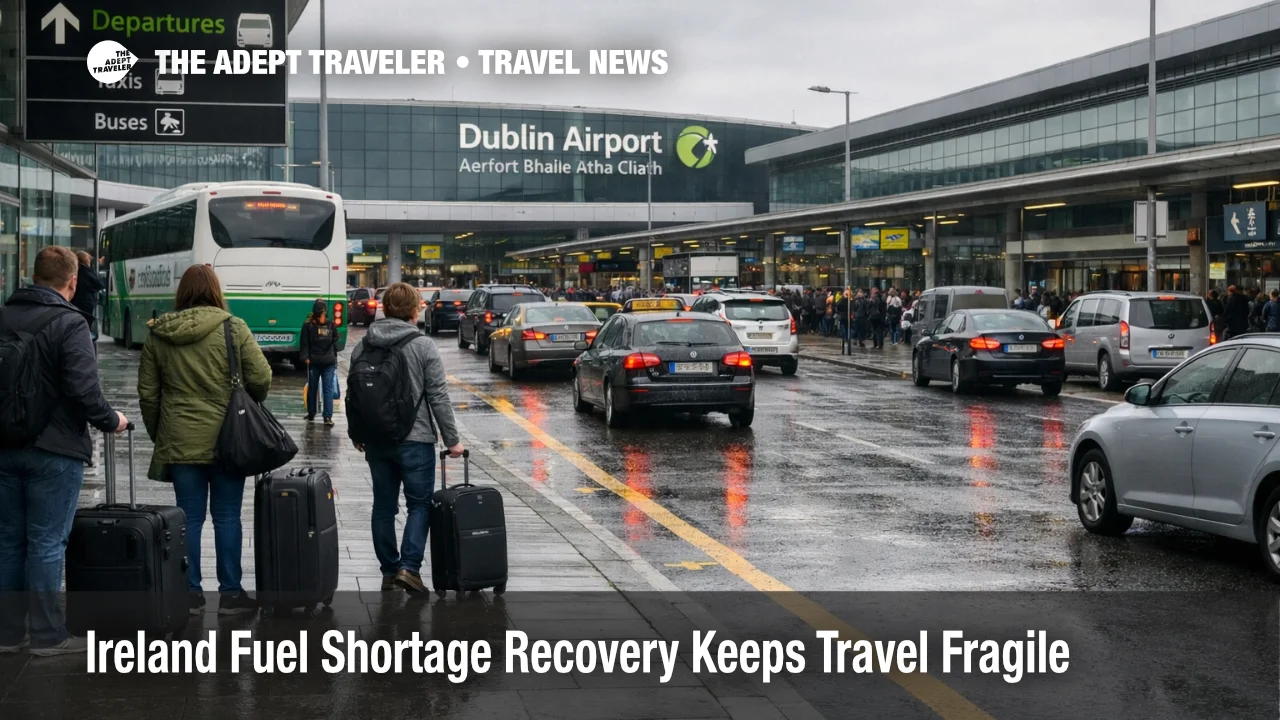 Ireland fuel shortage recovery slows Dublin Airport curbside transfers as coaches and cars queue outside the terminal