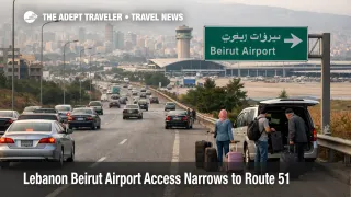 Beirut airport access Route 51 scene shows controlled traffic and transfers on the corridor to Beirut airport