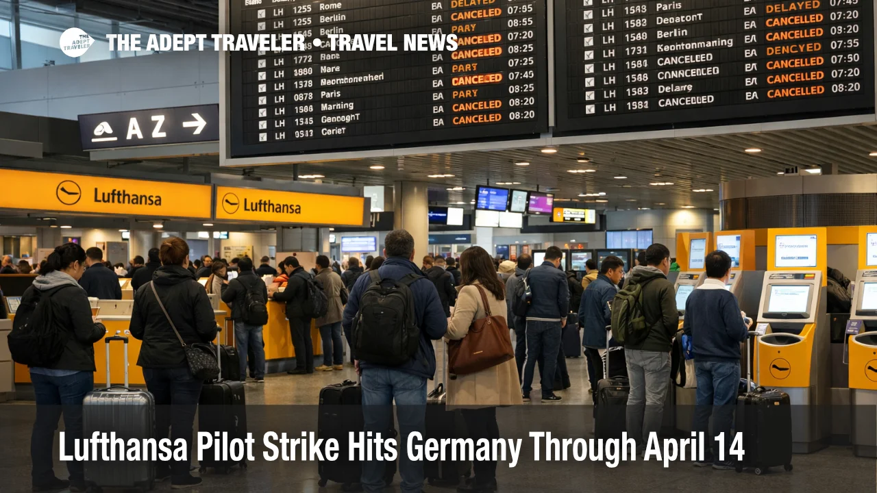 Lufthansa pilot strike Germany disruption shown by queues and delayed departures at Frankfurt Airport on April 13