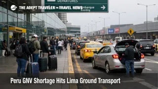 Travelers wait outside Jorge Chávez airport as the Peru GNV shortage slows Lima ground transport and transfers