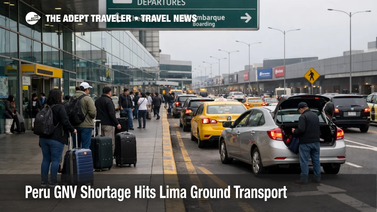 Travelers wait outside Jorge Chávez airport as the Peru GNV shortage slows Lima ground transport and transfers