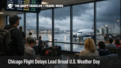 Chicago flight delays at O'Hare show travelers waiting under departure screens as thunderstorms disrupt operations
