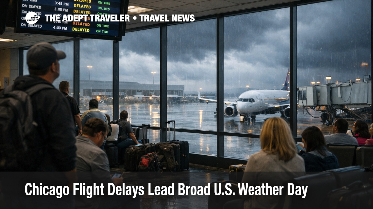 Chicago flight delays at O'Hare show travelers waiting under departure screens as thunderstorms disrupt operations