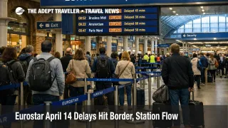 Eurostar April 14 delays shown at London St Pancras with queues and departure boards during cross Channel station disruption