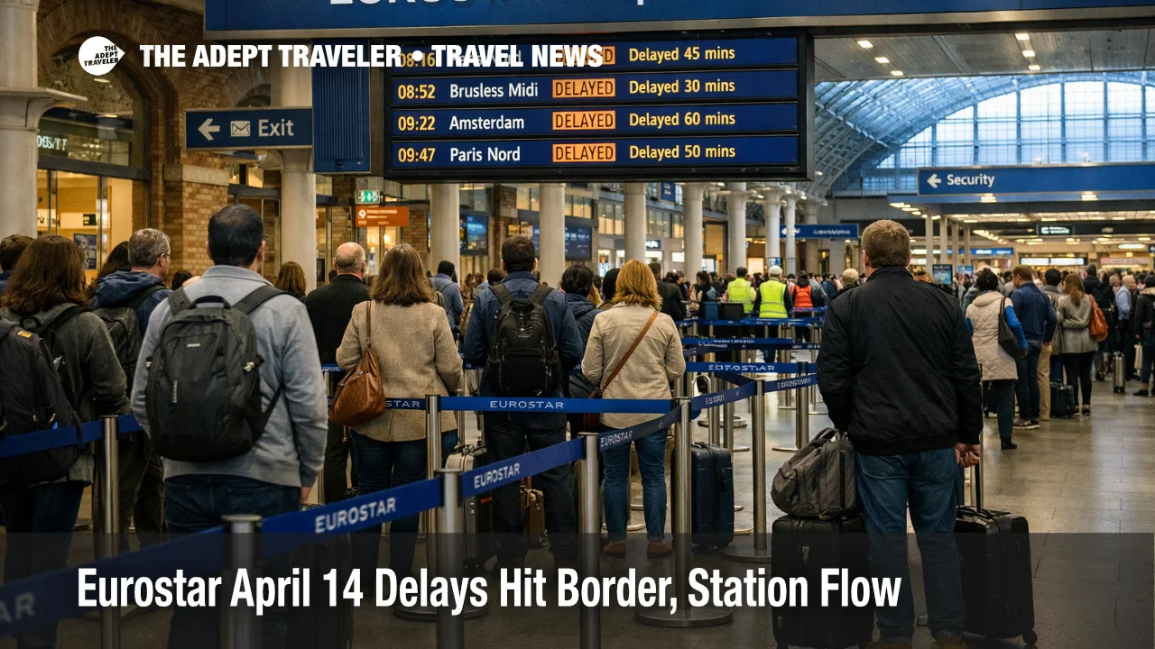 Eurostar April 14 delays shown at London St Pancras with queues and departure boards during cross Channel station disruption
