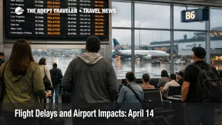 April 14 flight delays at Chicago O'Hare show passengers waiting under delay screens during thunderstorm disruption