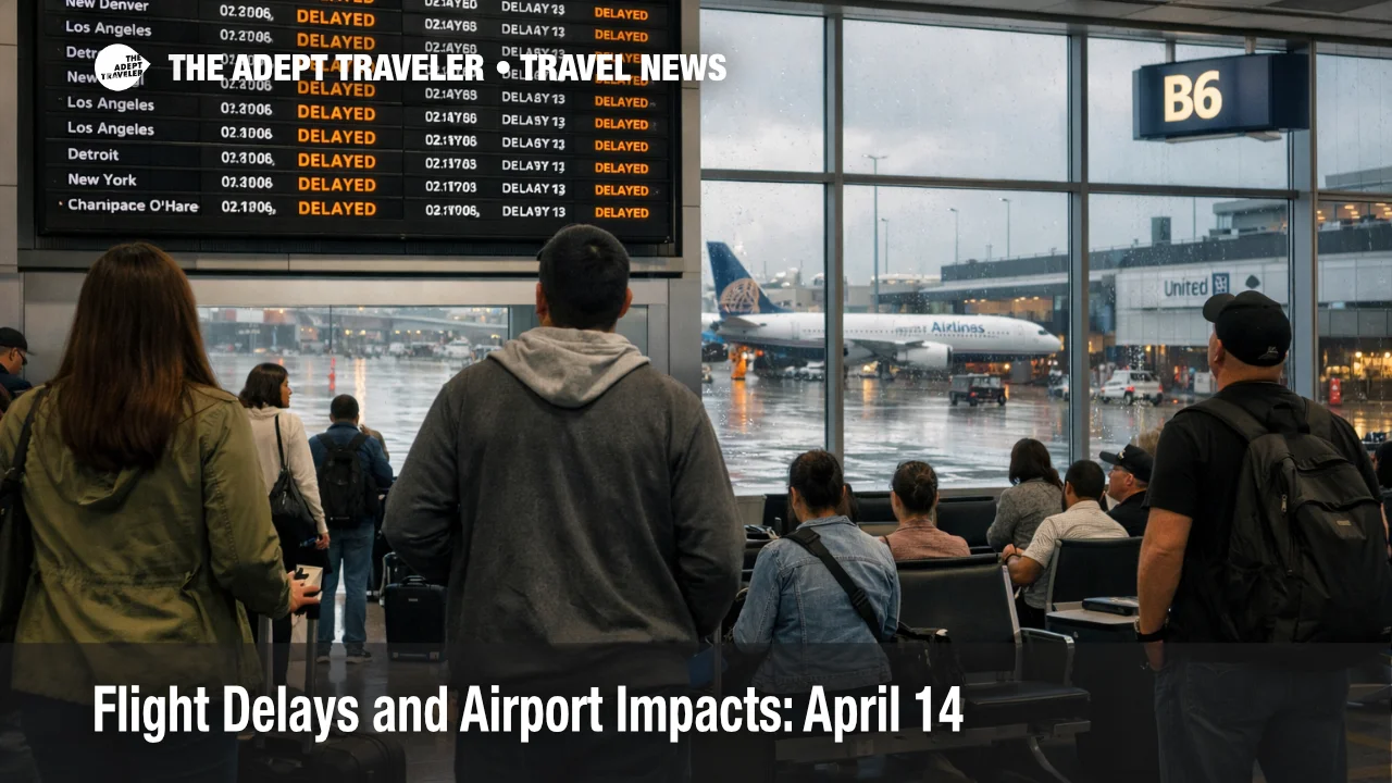 April 14 flight delays at Chicago O'Hare show passengers waiting under delay screens during thunderstorm disruption