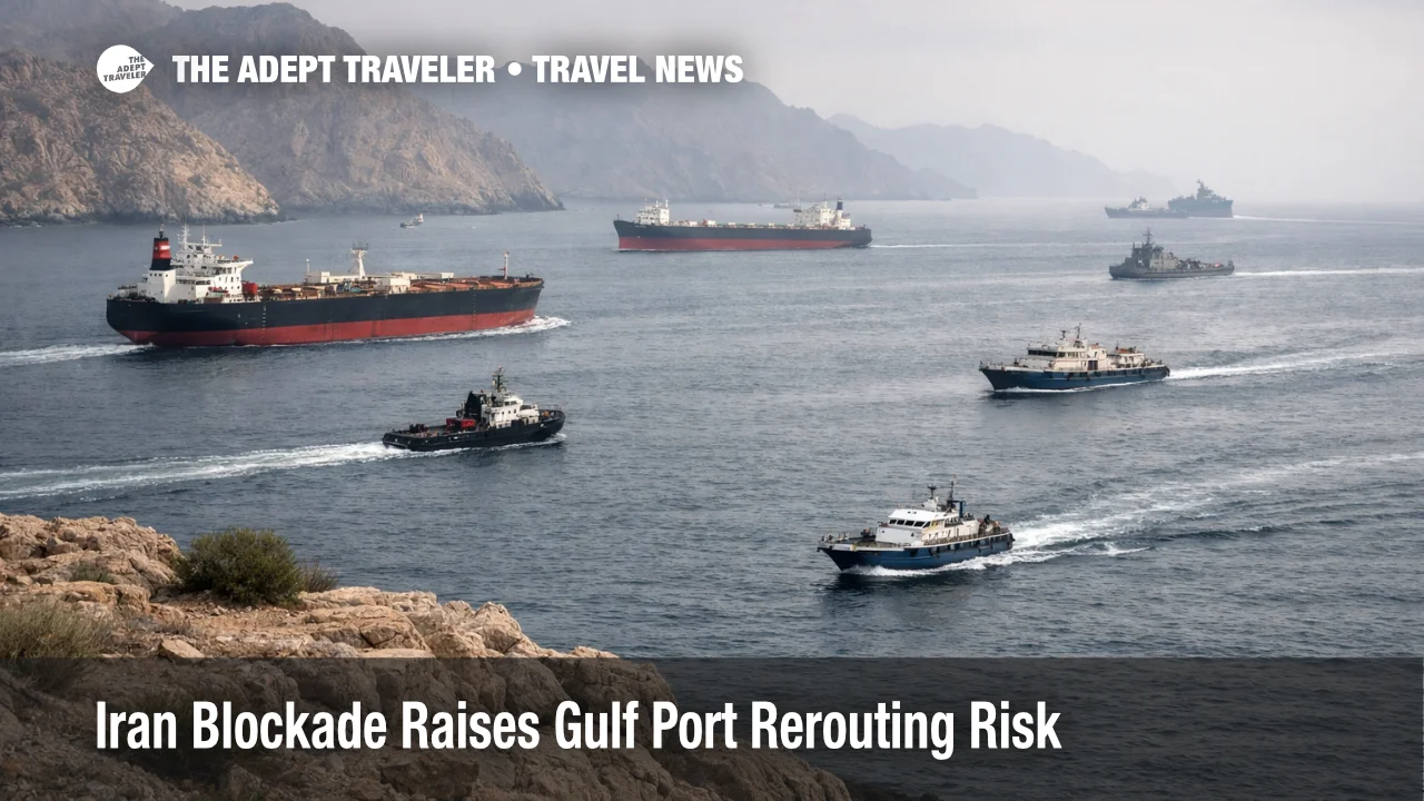 Commercial ships in the Strait of Hormuz show Gulf port rerouting risk near Oman as Iran blockade tensions spread