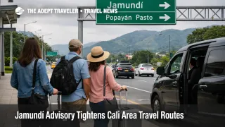 Jamundí travel advisory scene near Cali shows airport transfer travelers weighing southbound road options