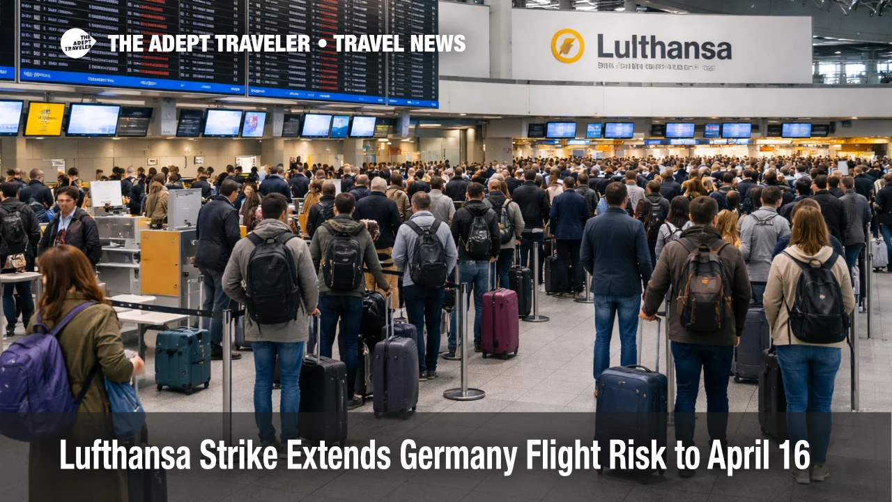 Lufthansa strike Germany scene at Frankfurt Airport shows delayed departures and check in queues during April 2026 disruption