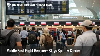 Middle East flight recovery at Dubai International shows mixed departure boards and moderate queues under reduced operations.