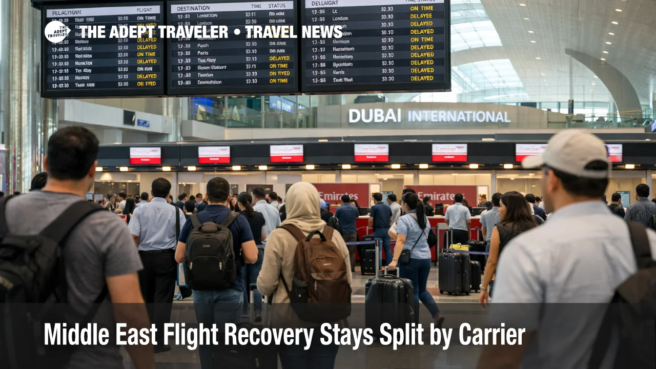 Middle East flight recovery at Dubai International shows mixed departure boards and moderate queues under reduced operations.