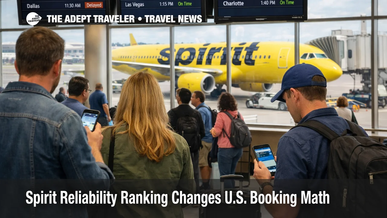 Spirit reliability ranking shown through a busy U.S. airport gate scene where travelers compare flights and backup options