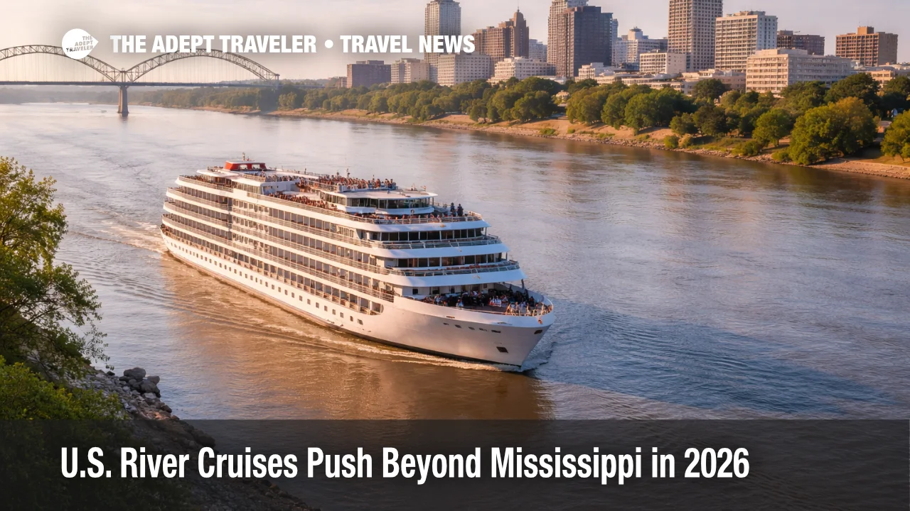 A U.S. river cruise ship near Memphis shows domestic river cruise expansion beyond the Mississippi into new Arkansas and Ohio routes.