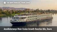AmaWaterways river cruise growth on the Nile, shown by a luxury river ship sailing near Luxor, Egypt at sunset