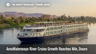 AmaWaterways river cruise growth on the Nile, shown by a luxury river ship sailing near Luxor, Egypt at sunset