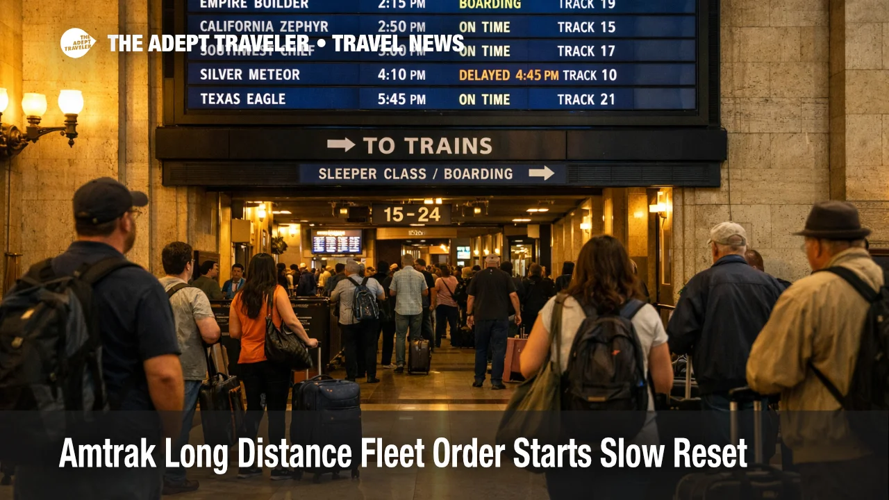 Amtrak long distance fleet procurement shown by travelers waiting at Chicago Union Station for overnight rail departures