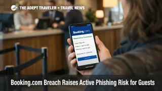 Traveler verifies a Booking.com breach related reservation at a hotel front desk after phishing risk alerts