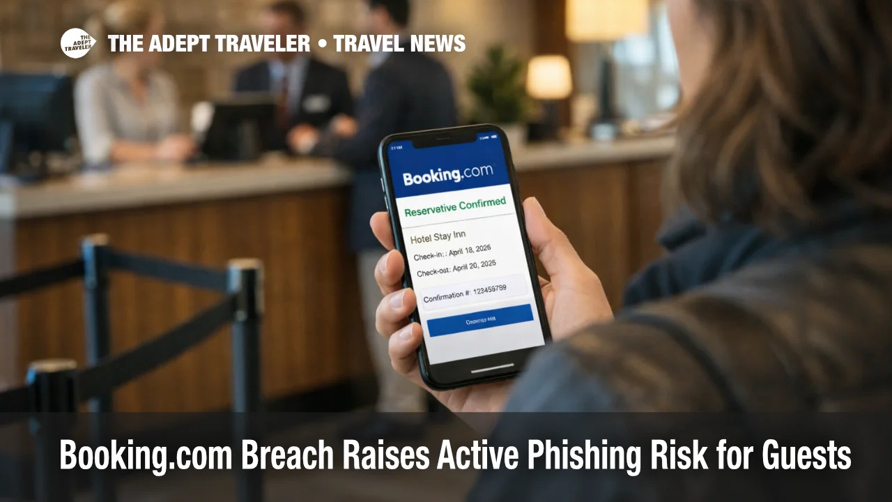 Traveler verifies a Booking.com breach related reservation at a hotel front desk after phishing risk alerts