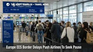 Europe EES border delays show non EU travelers queuing at Frankfurt Airport biometric passport control after rollout