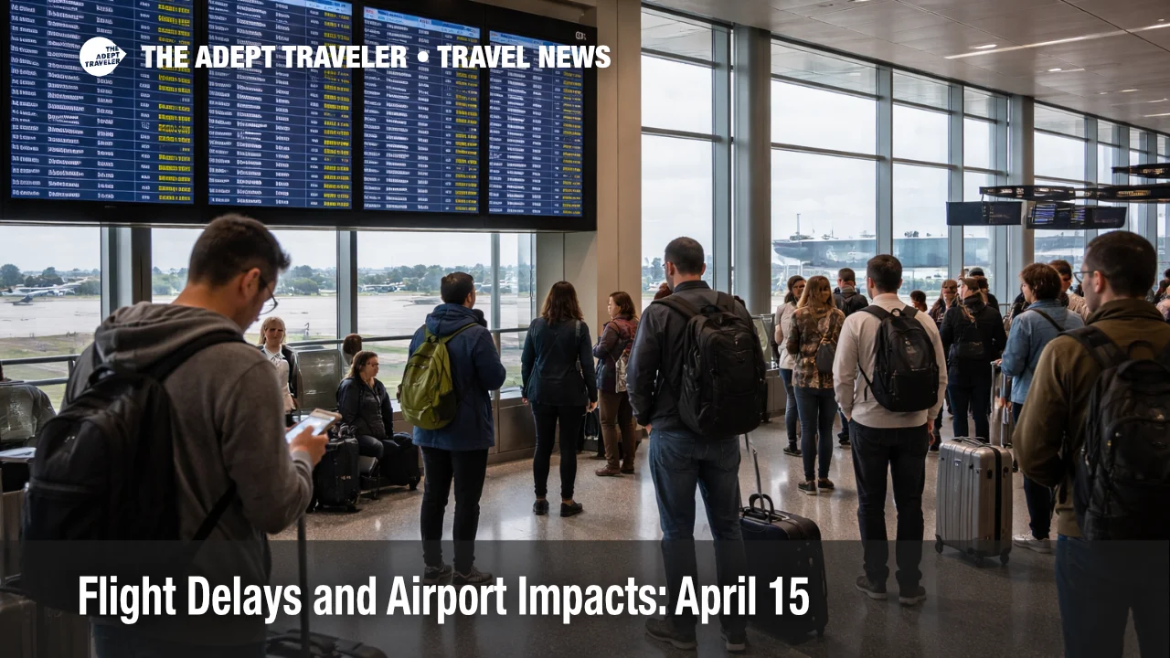 April 15 flight delays at Boston Logan show travelers watching departure screens as low ceilings slow arrivals
