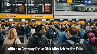 Lufthansa Germany strike risk shown by rebooking lines and delayed departures at Frankfurt Airport after arbitration talks failed