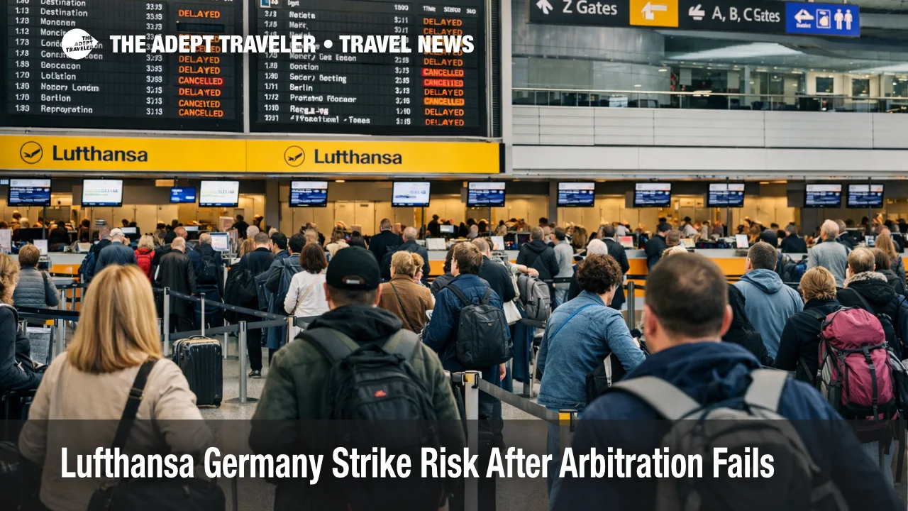 Lufthansa Germany strike risk shown by rebooking lines and delayed departures at Frankfurt Airport after arbitration talks failed