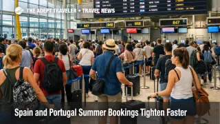 Spain and Portugal summer bookings pressure shown by busy check in queues at Madrid Barajas Airport in peak travel season