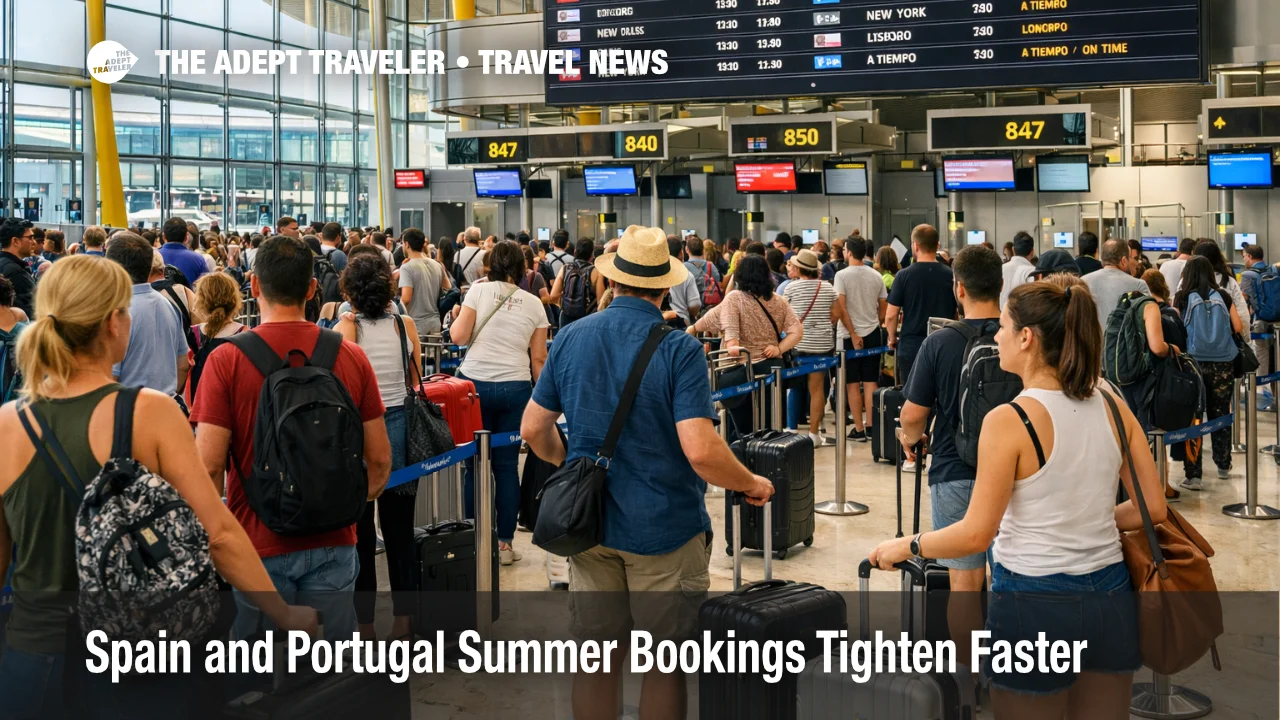 Spain and Portugal summer bookings pressure shown by busy check in queues at Madrid Barajas Airport in peak travel season
