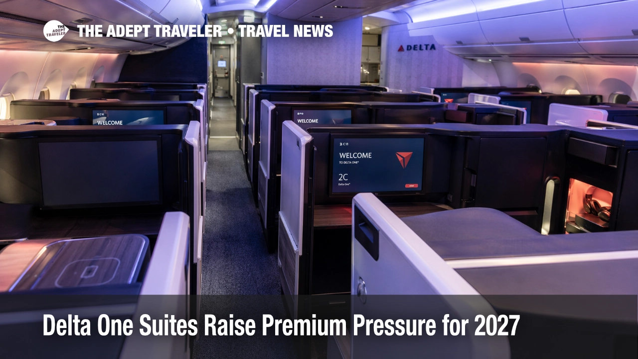 Delta One suites inside a Delta Airbus A350-1000 show privacy doors, larger screens, and upgraded long haul seating