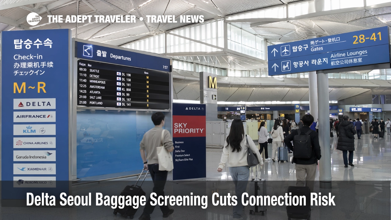 Delta Seoul baggage screening shown at Incheon with Minneapolis and Detroit departures for faster U.S. connections
