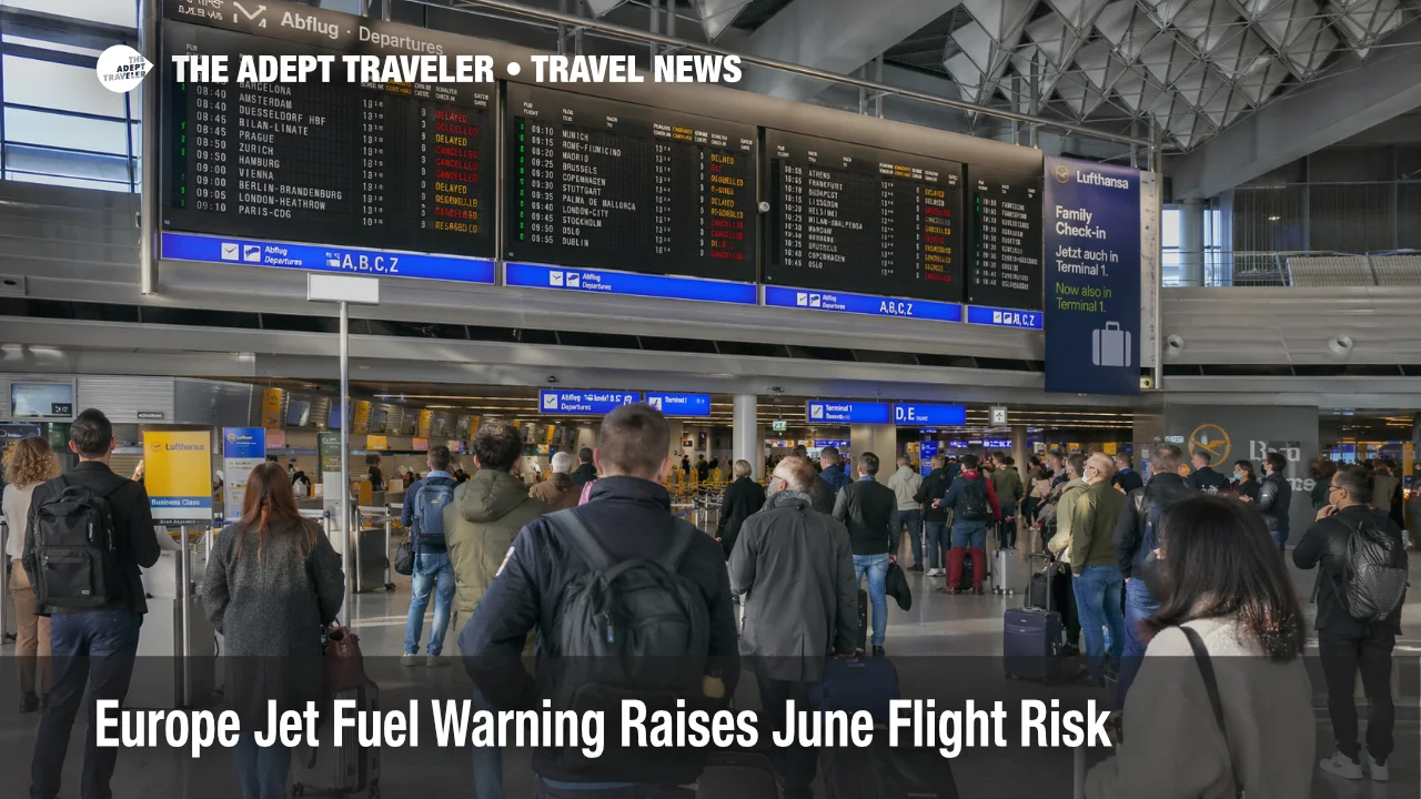 Europe jet fuel warning shown by travelers watching delayed Europe departures at Frankfurt Airport during supply uncertainty