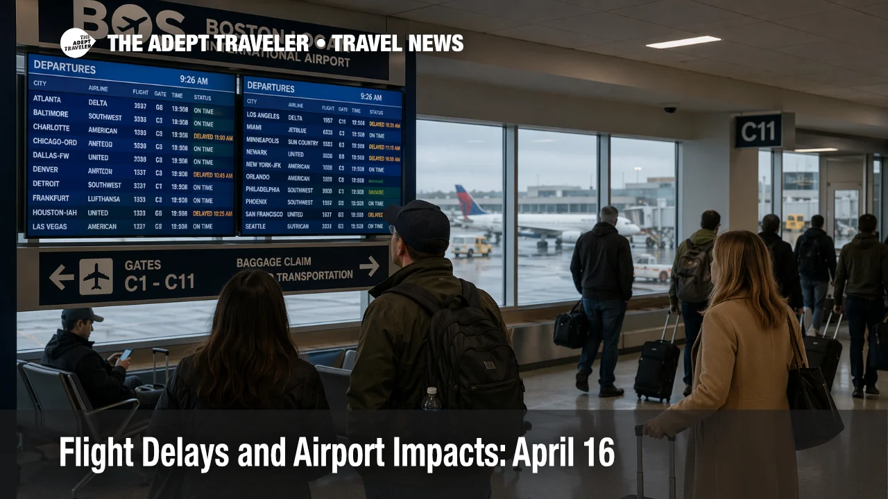 April 16 flight delays at Boston Logan show travelers watching departure boards as low ceilings raise connection risk