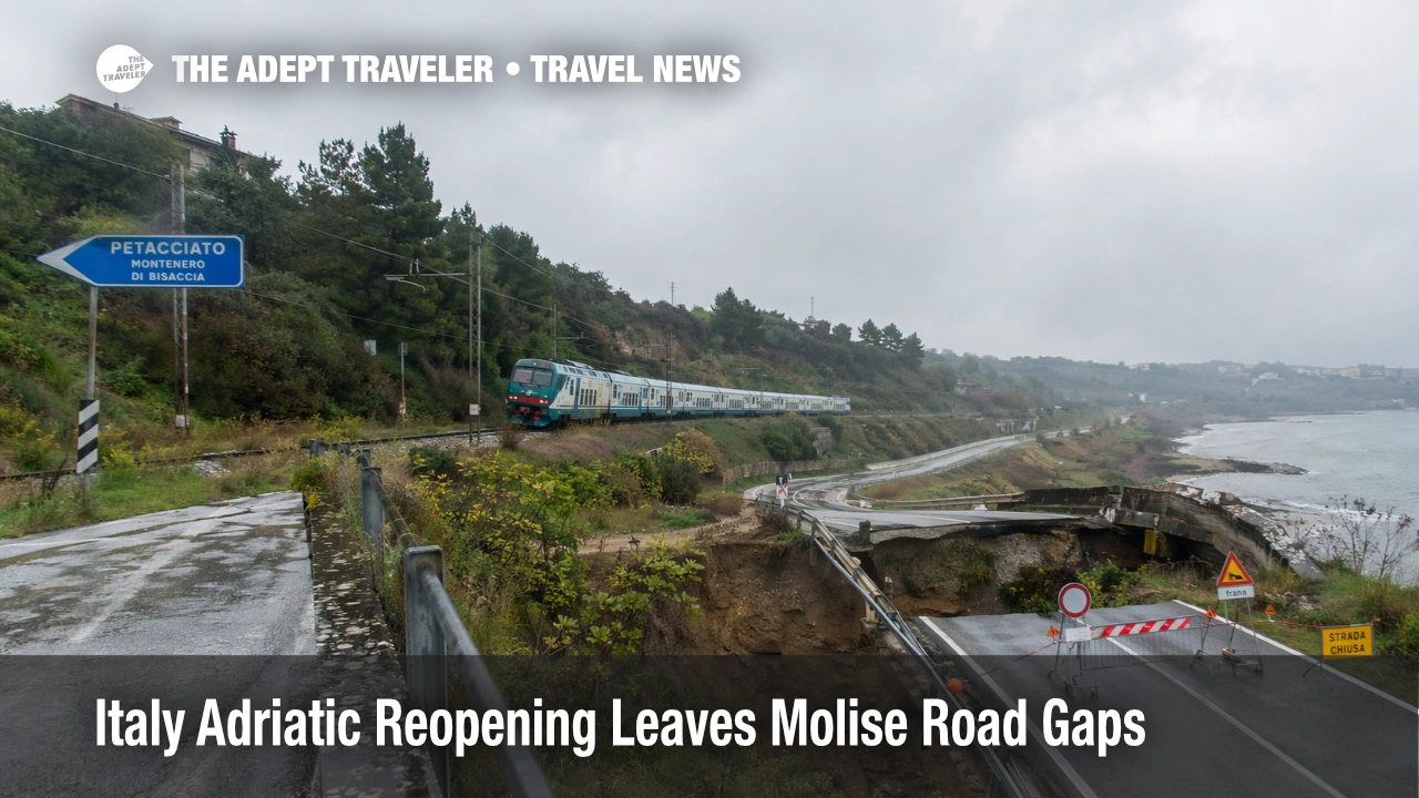 Italy Adriatic reopening near Molise shows rail restored while a damaged coastal road still limits local access