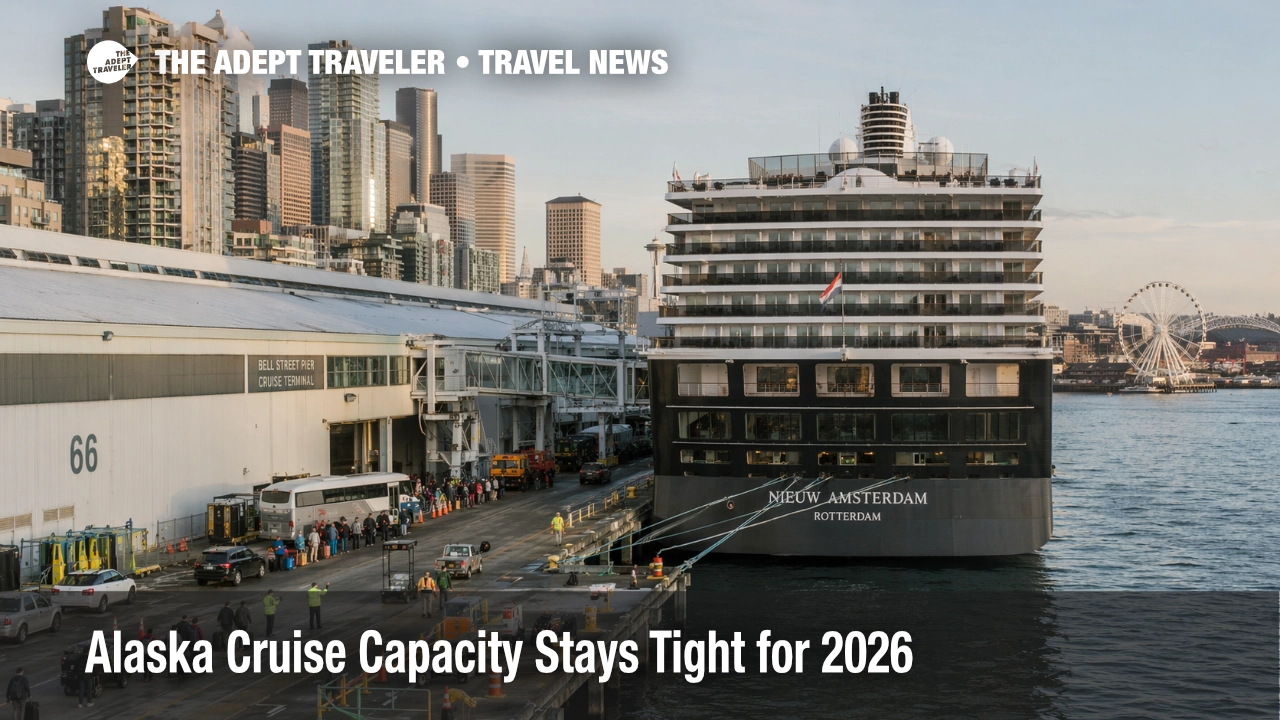 Alaska cruise capacity pressure at Seattle as a large ship departs a busy waterfront terminal for summer sailings