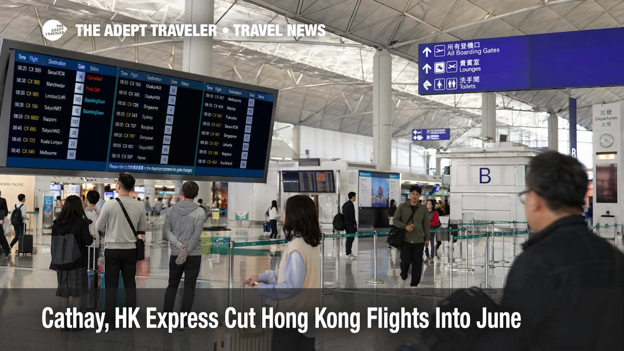 Cathay Hong Kong flight cuts shown by travelers checking departures at Hong Kong International Airport before June trips