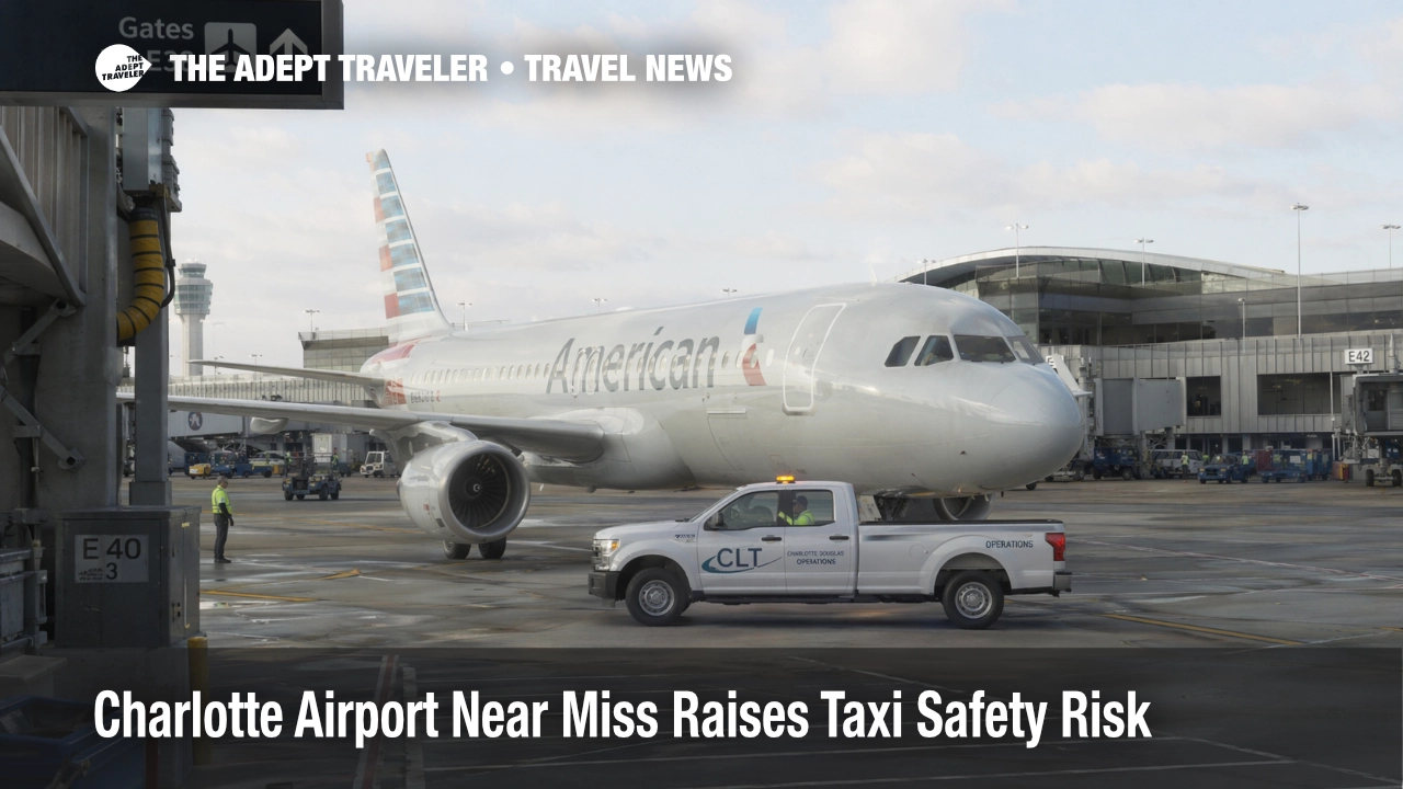 Charlotte airport near miss scene at CLT shows an American jet paused near a ground vehicle in the gate area