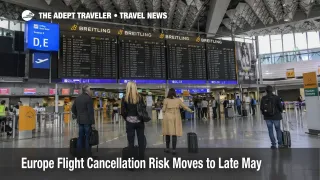 Europe flight cancellation risk shown by travelers watching departures at Frankfurt Airport before late May summer flights