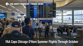Chicago O'Hare summer flight cap shown by travelers watching departure boards in a busy ORD concourse